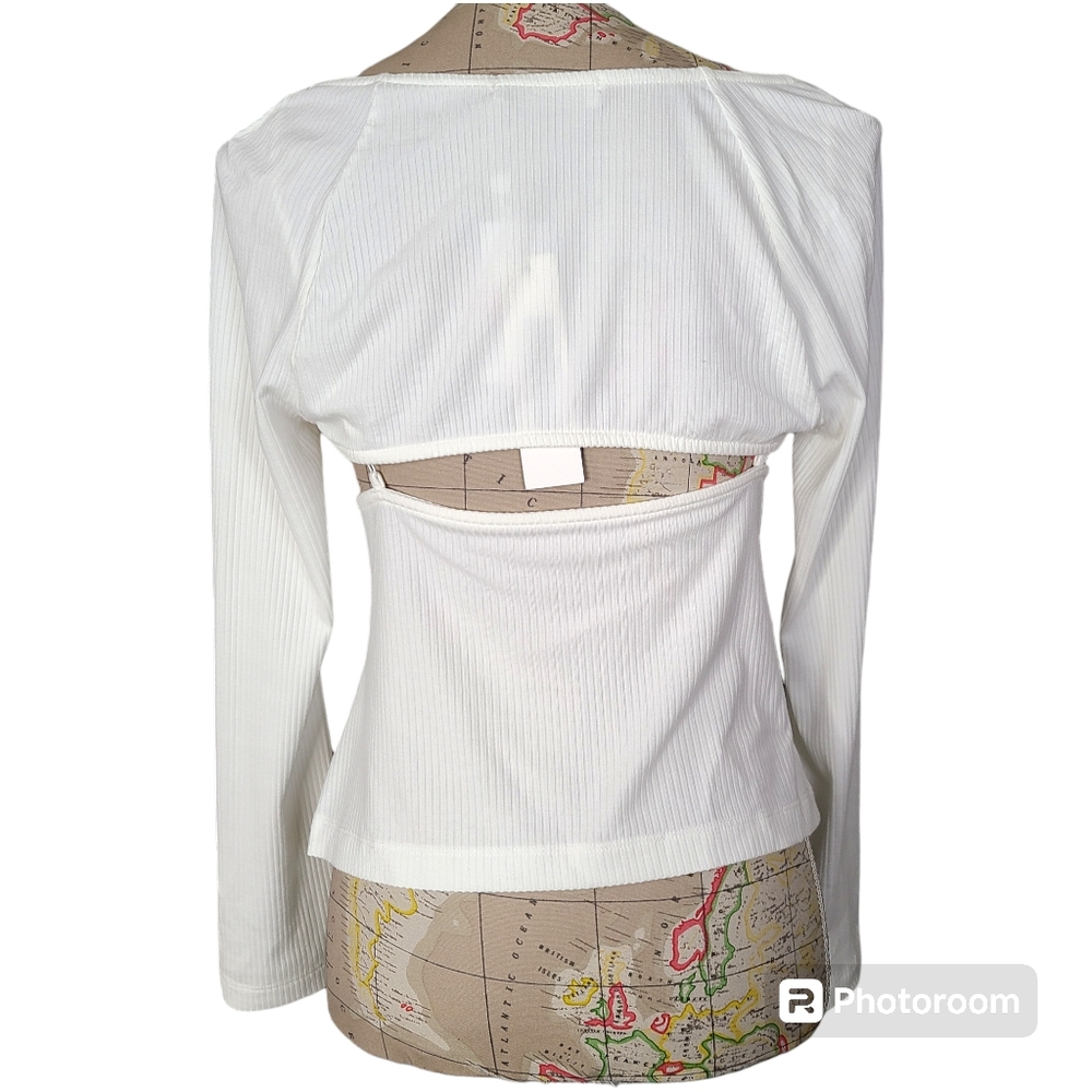 Jonathan Simkhai Dakota Size Medium White Ribbed Cut Out Blouse NWT Coastal Chic - Picture 6 of 13